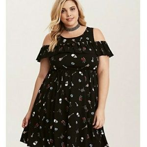 Skull and Flower Print Cold Shoulder Skater Dress